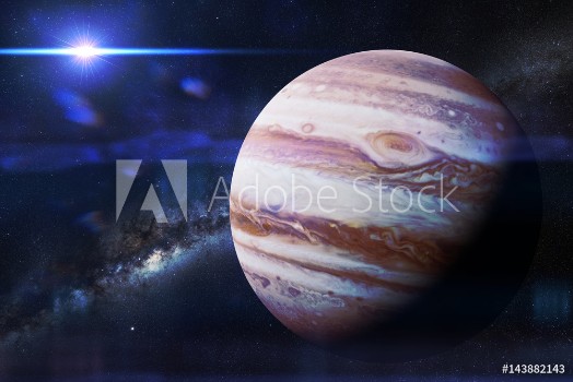 Picture of planet Jupiter in front of the Milky Way galaxy and the Sun